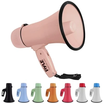 Abbildung von Pyle Sport &amp; Freizeit Leichtes und tragbares Bullhorn Megaphon, AUX Eingang (3,5 mm) für MP3/Musik, automatische Sirene, 20 Watt, MIC/Talk (Rosa), Grün, 20W