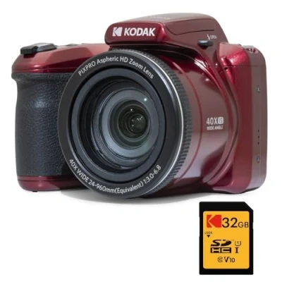 Abbildung von KODAK Pixpro Astro Zoom AZ405 Digital Bridge + SDHC Karte Ultra High Speed U1 32 GB Kamera 20 Megapixel, X40 Zoom, Weitwinkel, LCD, Video Full HD 1080p, OIS, AA Batterie Rot