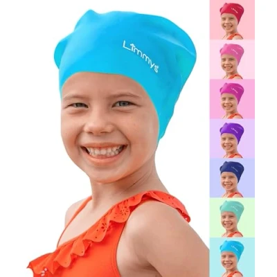 Abbildung von Limmys Premium Badekappe Kinder, badehaube Kinder Langes und kurzes Haar Schwimmkappe für Mädchen Jungen Hochwertige Qualität, Dehnbare &amp; Bequeme (L, Türkis)