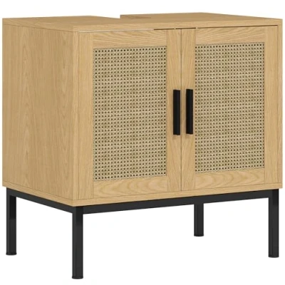 Abbildung von kleankin Waschbeckenunterschrank Unterschrank mit Schrankfach, Waschtischunterschrank Rattanoptik, Badunterschrank Kippschutz, Natur, 60 x 39 cm