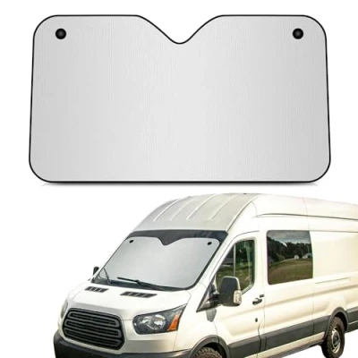 Abbildung von +PWR Car Parts Autosonnenschutz aus Aluminium, vorne, Silber, Größe XL, 150 x 90 cm, mit Saugnäpfen. Schützt den Innenraum des Autos vor Sonnenstrahlen. Einfache und schnelle Installation.