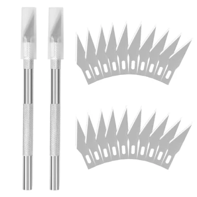 Abbildung von DealKits Bastelmesser Set x2, inkl. 20x Ersatzklingen und 2x Schutzkappe, Skalpell Cuttermesser Comfortline Hobby Schnitzmesser zum Schneiden von Fondant Stoff Kohlefolie Basteln