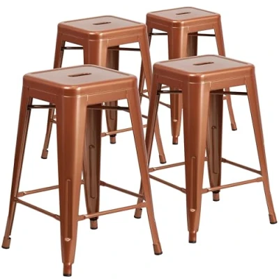 Abbildung von Flash Furniture Commercial Grade 4 Pack 61 cm hoch rückenfrei Metall Innen und Außenbereich Thekenhöhe Hocker mit quadratischem Sitz, Eisen, Kunststoff, Kupfer, Stück