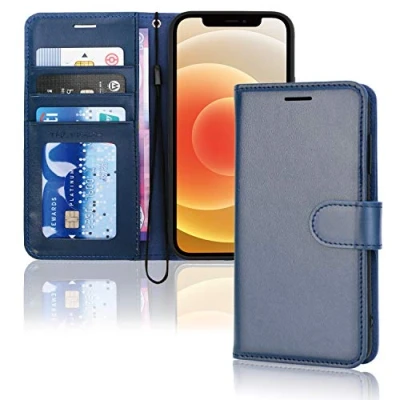Abbildung von TECHGEAR hülle iPhone 12, 12 Pro Leder PU Flip Schutzhülle Ledertasche [Brieftasche] Handyhülle mit Ständer und Handschlaufe Blau Kompatible 12/12