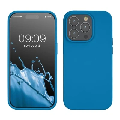 Abbildung von kwmobile Hülle für das iPhone 14 Pro dünnes Silikon Handy Case stoßfeste Handyhülle mit weicher Oberfläche unterstützt kabelloses Laden Karibikblau