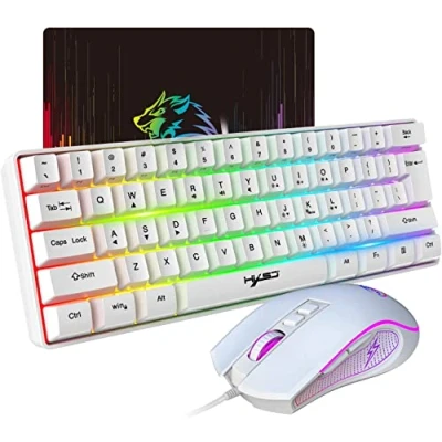 Abbildung von HXSJ V700 Gaming Tastatur und Maus Set,60% Kompakte Tastatur,61 Tasten,TKL Layout,RGB Beleuchtung,Optische Sensormaus mit 7 Tasten,7 Farbiges LED Licht,Bis zu 3600 DPI,für PC,Mac Weiß