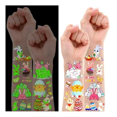 Abbildung von Leesgel Tattoos Kinder, 12 Blatt Leuchtende Temporäre für Kinder Osterkorb Taschen Füller, Osterdekoration Jungen Mädchen Geschenke Spielzeug Aufkleber Ostereiersuche Spiele Preise Partybedarf