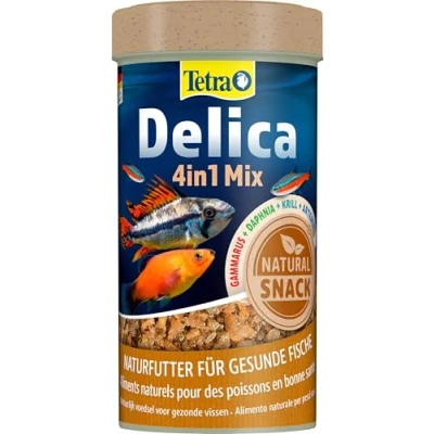 Abbildung von Tetra Delica Mix Naturfutter Mischung mit 4 verschiedenen Futtertieren (Wasserflöhe, Artemia, Krill, Gammarus), natürliche Snacks für Zierfische, 250 ml Dose