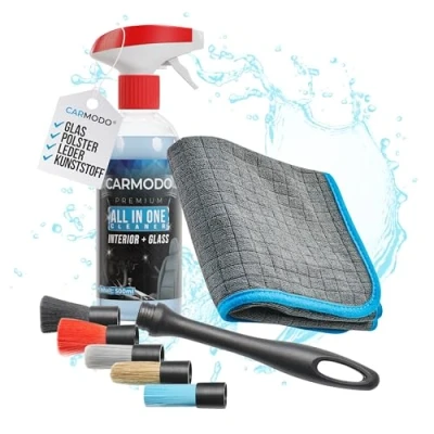 Abbildung von CARMODO® 5in1 Wechselbares Detailing Pinsel Set inkl. Allzweckreiniger für eine schonende Autopflege Innenraumreiniger alle Flächen Polsterreiniger Cockpitpflege Auto Scheibenreiniger