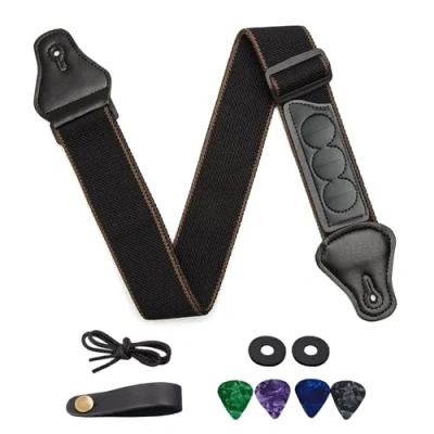 Abbildung von SYEYCW Schwarz Gitarrengurt, Verstellbarer Gitarrenband, Baumwolle Guitar Strap, PU Kunstlederenden, mit 4 Gitarrenplektren, 2 Gurtschlössern, 1 Kopfplattenadapter, für Akustikgitarren, E Gitarren