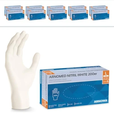 Abbildung von 2000x ARNOMED Einweghandschuhe Weiß, Einmalhandschuhe L, Handschuhe Einweg (10x200 Stk), Gummihandschuhe puderfrei, latexfreie Nitrilhandschuhe in S, M, L &amp; XL, Putzhandschuhe, Koch /Küchen