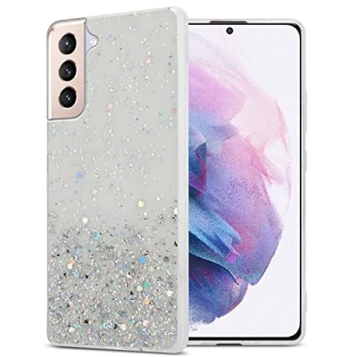 Abbildung von Cadorabo Hülle kompatibel mit Samsung Galaxy S21 Plus Rundumschutz TPU Silikon Case Mädchen Glitzer Strass Design Slim Kratzfest Weiche Bling Schutzhülle für in Transparent
