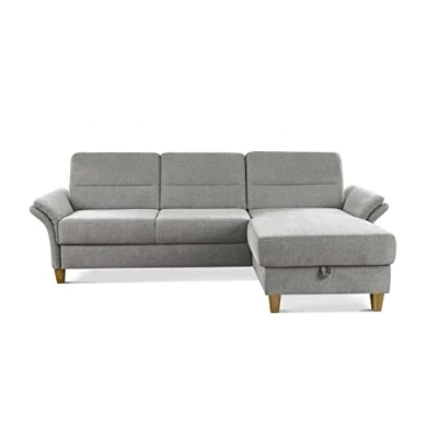 Abbildung von CAVADORE Ecksofa Wyk mit Federkern / Schlafsofa im Landhaus Stil Longchair, Bett, Bettkasten + Armteilfunktion 252 x 90 162 Chenille, Hellgrau