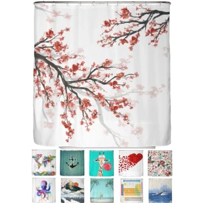 Abbildung von arteneur® Kirschblüte Anti Schimmel Duschvorhang 180x180 Recycelt mit Öko Tex Standard 100 Beschwerter Saum, Blickdicht, Wasserdicht, Waschbar, 12 Ringe