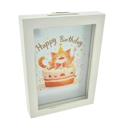 Abbildung von WB wohn trends Spardose Geldgeschenk, Happy Birthday Katze Kuchen, 19,5x14,5x3cm, Holz weiß, im Bilderrahmen