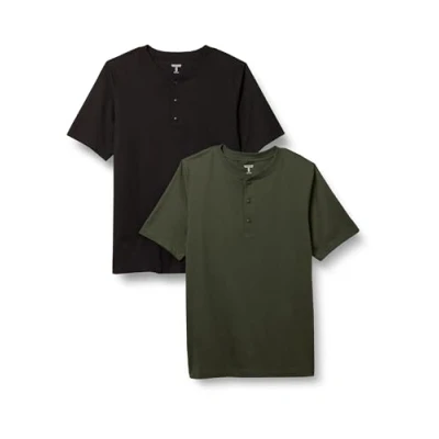 Abbildung von Amazon Essentials Herren Kurzärmliges Henley T Shirt aus Baumwolle mit normaler Passform, 2er Pack, Dunkles Olivgrün/Schwarz, S