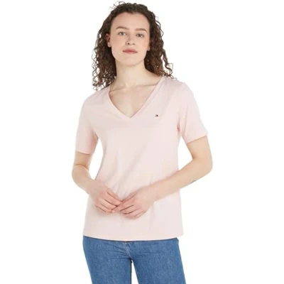 Abbildung von Tommy Hilfiger Damen T Shirt Kurzarm Modern Regular V Ausschnitt, Rosa (Whimsy Pink), M
