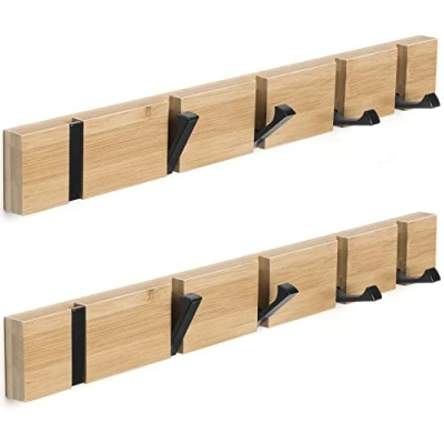 Abbildung von ANVODE 2 Stück Garderobenhaken Holz Wand, Holzplatte Garderobenleiste Faltbarer Kleiderhaken mit 5 Haken für Jacken, Hüte und Handtaschen (42cm)