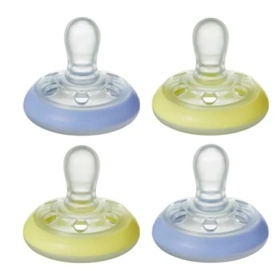 Abbildung von Tommee Tippee Closer to Nature natürlich geformter Beruhigungssauger für die Nacht, 0 6 Monate, 4er Pack, gelb und blau