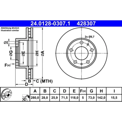 Abbildung von ATE 24.0128 0307.1 Bremsscheibe 280,0 28,0 5 118,0 Belüftet beschichtet PEUGEOT: Boxer Kastenwagen, Pritsche/Fahrgestell, Bus