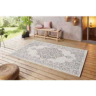 Abbildung von NORTHRUGS in und Outdoor Teppich 200x290cm Wetterfest Orientalisch Vintage Design mit Medallion Läufer Terrassenteppich Balkonteppich Küchenläufer Badteppich Wohnzimmerteppich Wasserfest Grau