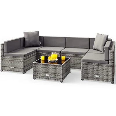 Abbildung von Casaria® Gartenmöbel Set Lounge Polyrattan 5 Personen Wetterfest Balkonmöbel Tisch Sicherheitsglas Outdoor Terrasse Eck Sofa Sitzkissen Grau Anthrazit