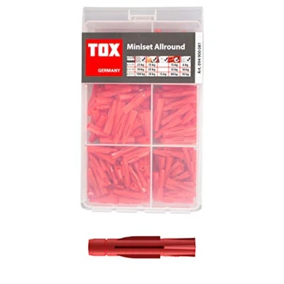 Abbildung von TOX 94900081 Miniset Allround Sortiment Allzweckdübel TRI in DREI Dübelgrößen ø 5, 6 und 8 mm, Dübelsortiment für Fast alle Baustoffe die häufigsten Befestigungsprojekte, 240 tlg, 094900081, rot