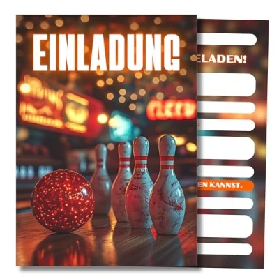 Abbildung von HIDEBLOOM I Bowling Einladungskarten Geburtstag Kinder 12 Stück DIN A6 (10,5 cm x 14,8 cm) Einladung Teenager Bowlingabend Jungen und Mädchen Kinderparty Invitation