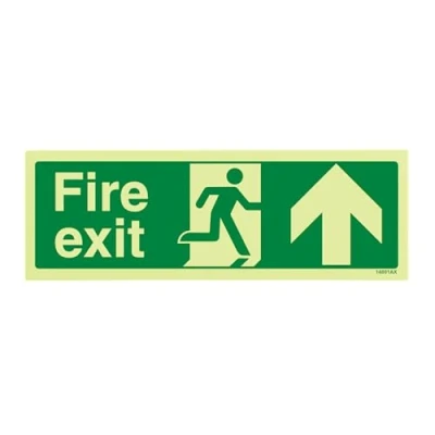 Abbildung von VSafety Warnschild mit Aufschrift auf Englisch „Fire Exit“, 300 mm x 100 mm, selbstklebendes Vinyl, leuchtet in der Dunkelheit, Pfeil nach oben