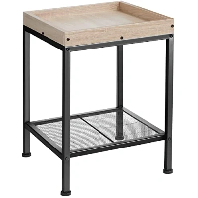 Abbildung von tectake Beistelltisch aus Holz und Metall, Industrie Design, obere Ablage mit hohem Rand, Gitterablage im unteren Bereich, schwarzes Metallgestell (Industrial hell, Eiche Sonoma)