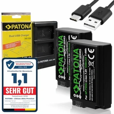 Abbildung von PATONA Premium NP FW50 Kamera Akku 2X (1030mAh) mit USB Dual Ladegerät 1964 Kompatibel Sony ZV E10 I DSC RX10 Alpha 6100 6300 6500 7 NEX 3 5 6 SLT A55 A3000 usw