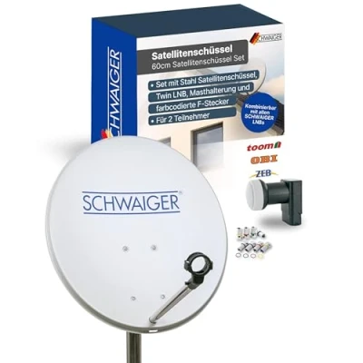 Abbildung von SCHWAIGER 470 SAT Anlage Satelliten Set Satellitenschüssel Twin LNB digital 8X F Stecker 7mm Antenne aus Aluminium Komplettset Hellgrau 55 x 62cm