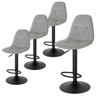 Abbildung von Lestarain Barhocker 4er Set, Tresenhocker, Bistrohocker, Design Hocker mit Rückenlehne, höhenverstellbar, 360Drehhocker, Barstuhl Samtbezug, aus Metall, Sitzhöhe 60 81 cm, hellgrau,LBAI64002 4