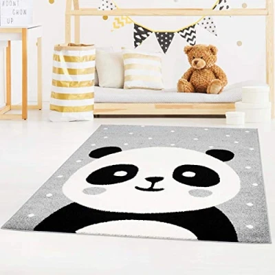 Abbildung von carpet city Kinderteppich Bubble Kids Flachflor Panda Bär, weiß gepunktet in Grau für Kinderzimmer; Größe: 160x225 cm