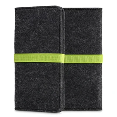 Abbildung von kwmobile Filz Tasche für Smartphones mit Gummiband Handy Filztasche Schutztasche in Dunkelgrau Neon Grün 17,2 x 8 cm Innenmaße