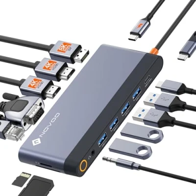 Abbildung von NOVOO USB Adapter A 3.1, C, 3,5mm Klinke, HDMI, SD/TF, VGA, RJ45 Ethernet, DP, C Hub mit schneller Datenübertragung und 5 Anschlüssen