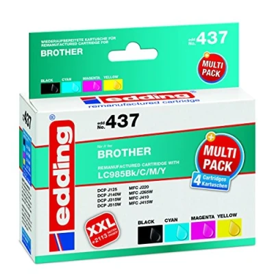 Abbildung von edding Druckerpatrone EDD 437 Multipack 4 Schwarz, Cyan, Magenta, Gelb 1x 15 ml + 3x 9 Reichweite 620 840 Seiten Ersetzt Brother LC985BK/C/M/Y