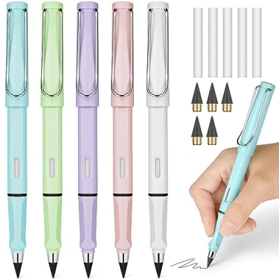 Abbildung von Ainiv 5 PCS Tintenlose Bleistifte Ewiger, Infinity Pencil mit Radiergummi und Austauschbarem Wechselkopf, Wiederverwendbarer Tragbarer Bleistift für Schreiben Zeichnen Studenten Heim Büro Schule