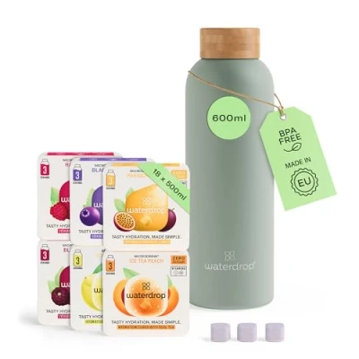 Abbildung von waterdrop® Starter Set Steel Trinkflasche + 18 zuckerfrei Getränkewürfel zum Auflösen 6 fruchtige Sorten 600ml Edelstahlflasche auslaufsicher Kohlensäure geeignet