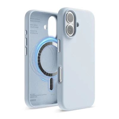 Abbildung von elago Magnetisch Silikon Hülle Kompatibel mit iPhone 16 6,1 Zoll, Allen MagSafe Zubehör Eingebaute Magnete, Soft Grip Silikon, Stoßfest (Hellblau)