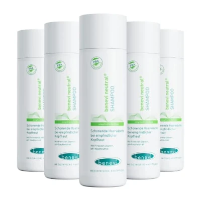 Abbildung von benevi Shampoo 5 x 200ml für empfindliche, trockene, juckende, gereizte Kopfhaut und Haare. Besonders mild. Auch bei zu Neurodermitis oder Schuppenflechte neigender geeignet.