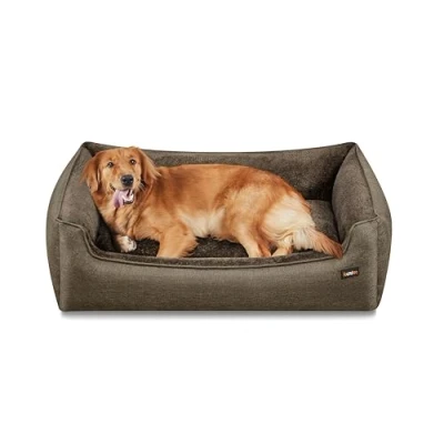Abbildung von Feandrea Hundebett, Hundekissen in Leinenoptik, Hundekorb, erhöhte Ränder, rutschfeste Unterseite, Bezug abnehmbar waschbar, XL, für große Hunde, 110 x 75 27 cm, braun PGW12CC