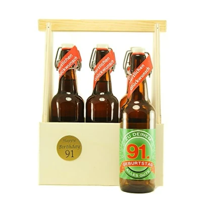 Abbildung von Bier Geschenk 6 er Holz Träger mit Fl. 91. Geburtstag