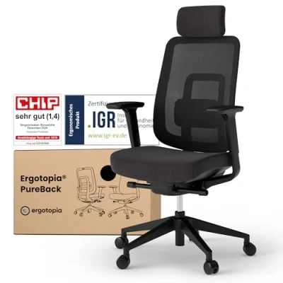 Abbildung von Ergotopia PureBack ergonomischer Bürostuhl Schreibtischstuhl ergonomisch mit Kopfstütze, 4D Armlehnen &amp; Synchronmechanik für Home Office, Büro Gaming Bequemer Drehstuhl gesundes Sitzen