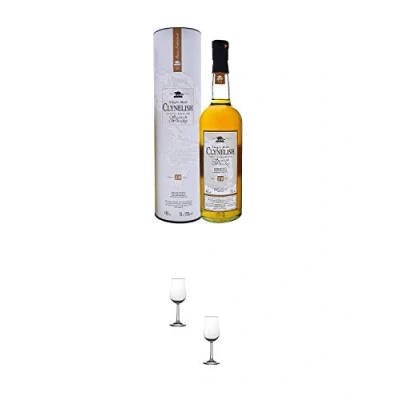 Abbildung von Clynelish 14 Jahre Single Malt Whisky 0,7 Liter + Nosing Gläser Kelchglas Bugatti mit Eichstrich 2cl und 4cl 2 Stück