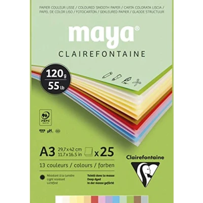 Abbildung von Clairefontaine 975333C Malblock verleimt mit 25 Blatt Maya Zeichenpapier, glatt 29,7x42 cm 120g, Pastell farbig sortiert (12 Farben + 1 weiß )