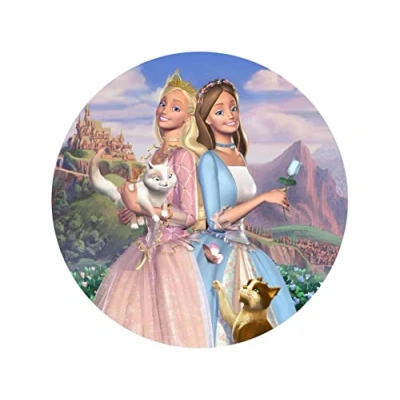 Abbildung von Tortenaufleger Barbie als die Prinzessin und das Dorfmädchen, rund 20cm Fondantpapier PREMIUM