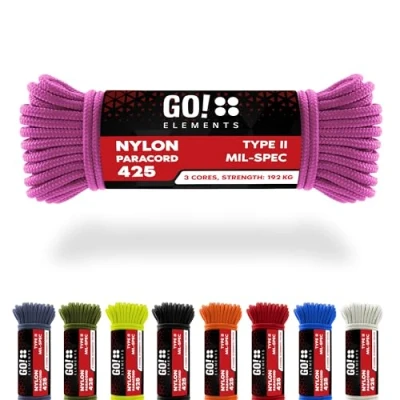 Abbildung von GO!elements 15m Paracord Seil aus reißfestem Nylon 3mm 425 Typ II max. 192kg Schnüre als Outdoor Seil, Allzweckseil, Survival Armband, Hundeleine, Nylonschnur, Farbe: Rosa