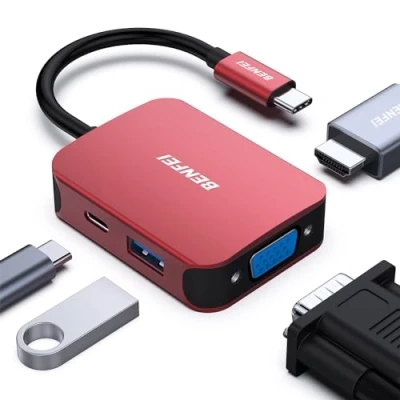 Abbildung von BENFEI USB C HUB 4in1,USB Multiport Adapter mit 4K HDMI/ 1080P VGA/ 5Gbps 3.0 Data Port/Typ 60W Power Delivery, kompatibel für iPhone 15 Pro/Max MacBook Pro/Ai iPad Pro iMac Galaxy S23, Rot