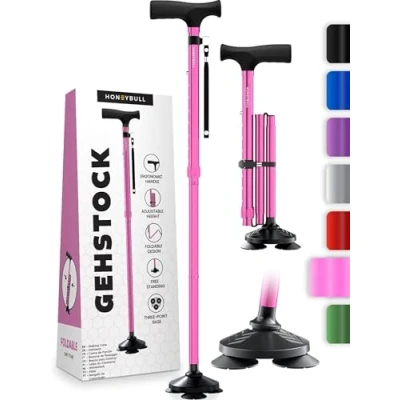 Abbildung von HONEYBULL Gehstock für Damen &amp; Herren Faltbar, Verstellbar, Zusammenklappbar, Freistehender Stock, Robust Gehhilfe Erwachsene Senioren [ROSA]